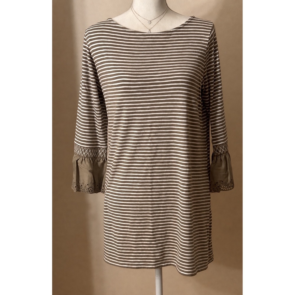 J.Jill Tunic Top Cotton Modal S Olive Brown & White Striped Eyelet Boho Coastal